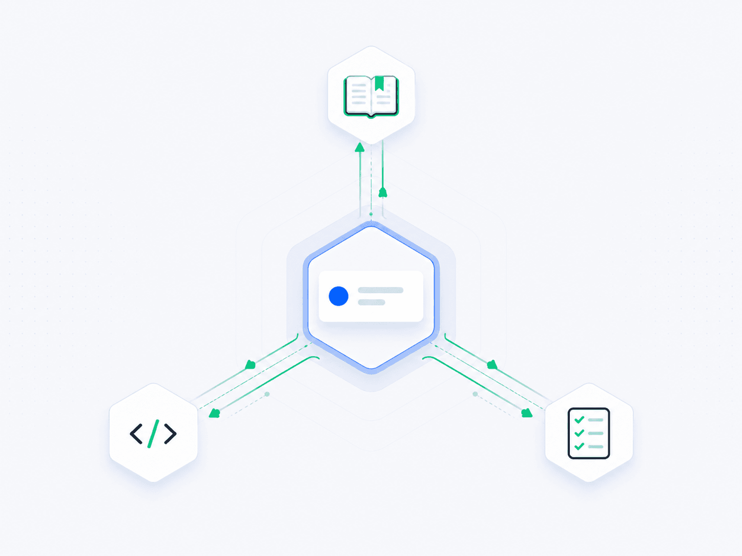 A central task icon connected to three specialised AI agent hexagons by glowing lines