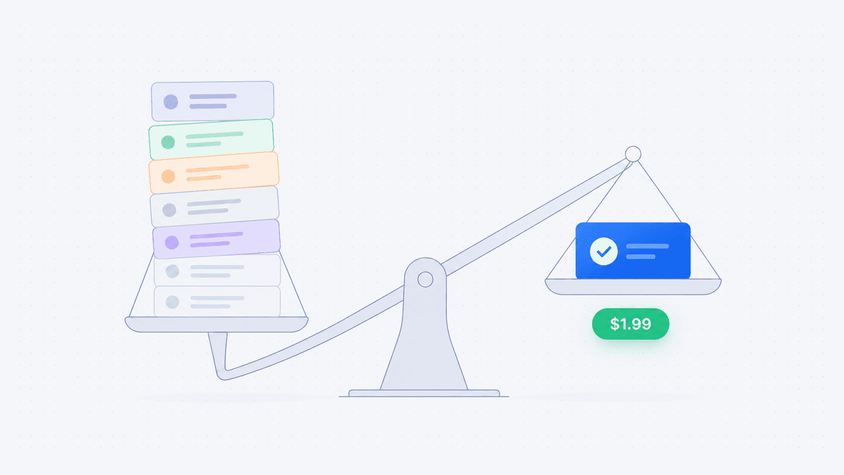 A scale weighing a tall stack of included features against a single low-priced competitor card