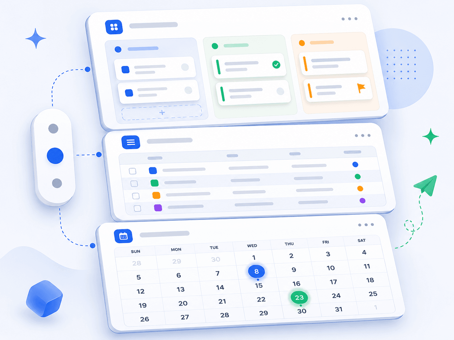 The same task data shown three ways — a Kanban board, a sortable list, and a calendar